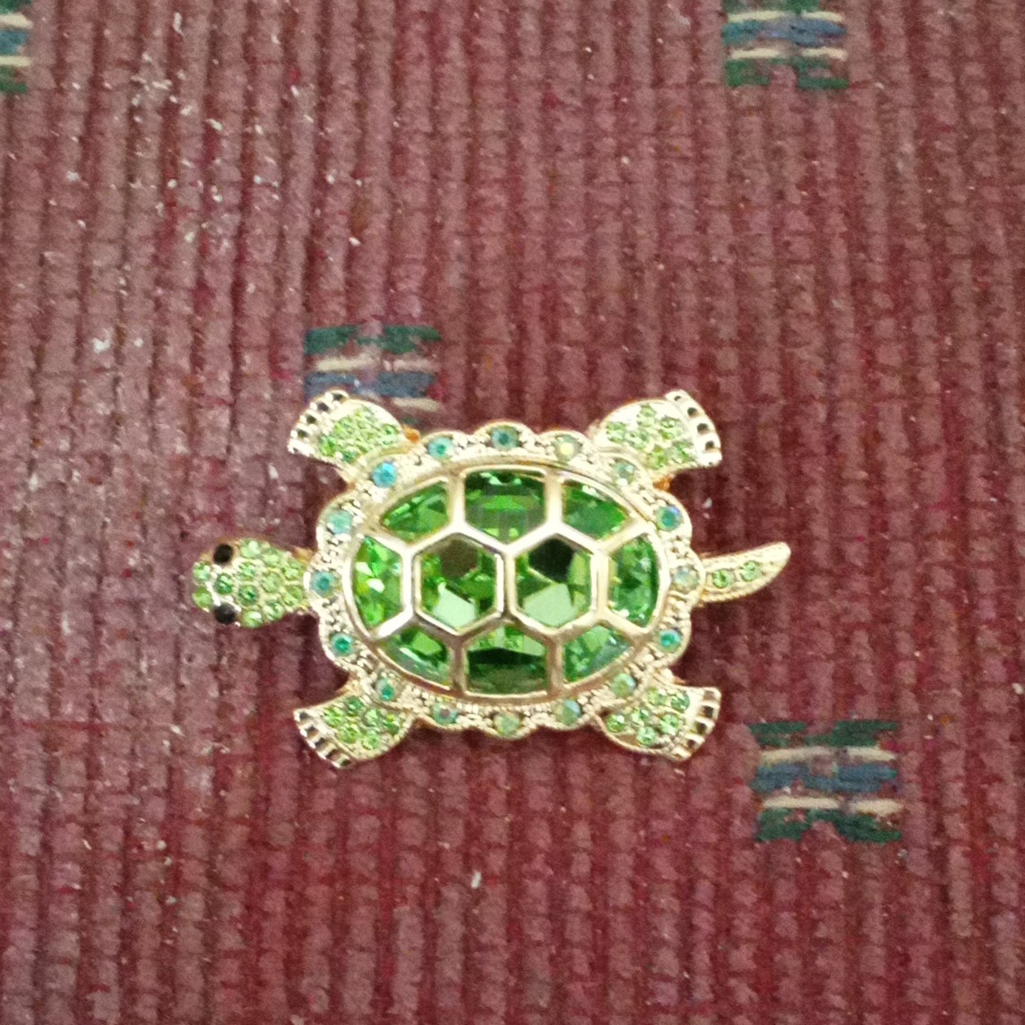 Gold Tone Green Crystal & Rhinestone Turtle Brooch Pin, Animal Theme