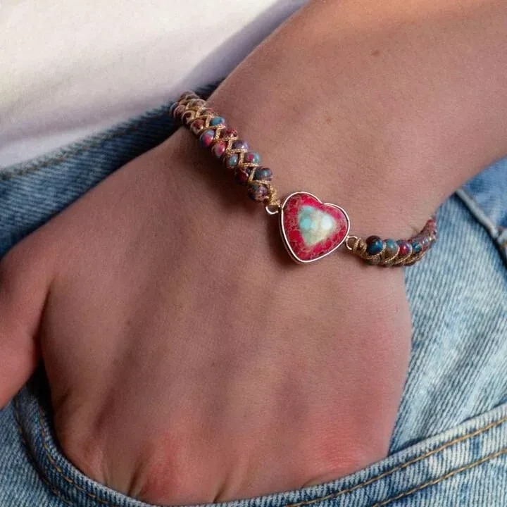 Handmade Natural Heart Gemstone Sea Sediment Healing Chakra Women Bracelet Gifts