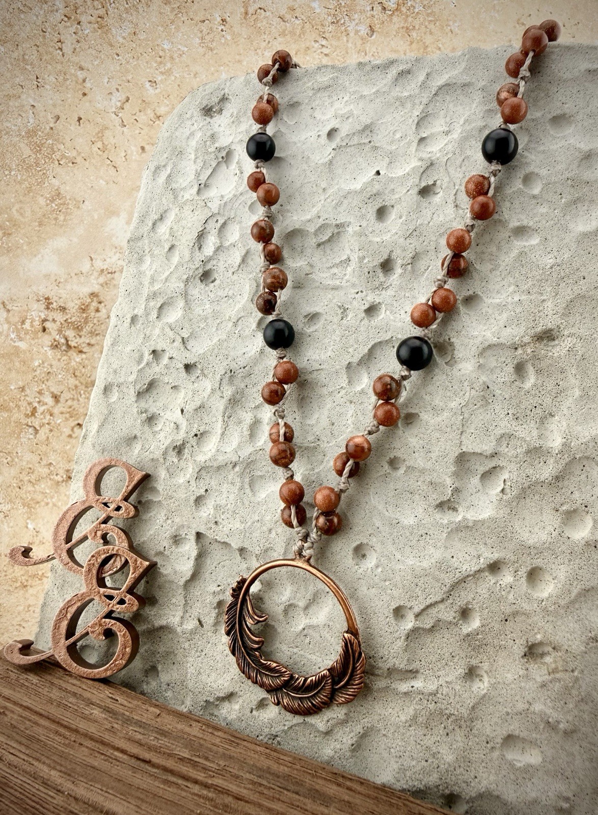 Copper Feather Pendant Necklace, Red Goldstone Crystal Ebony Wood. USA Artisan