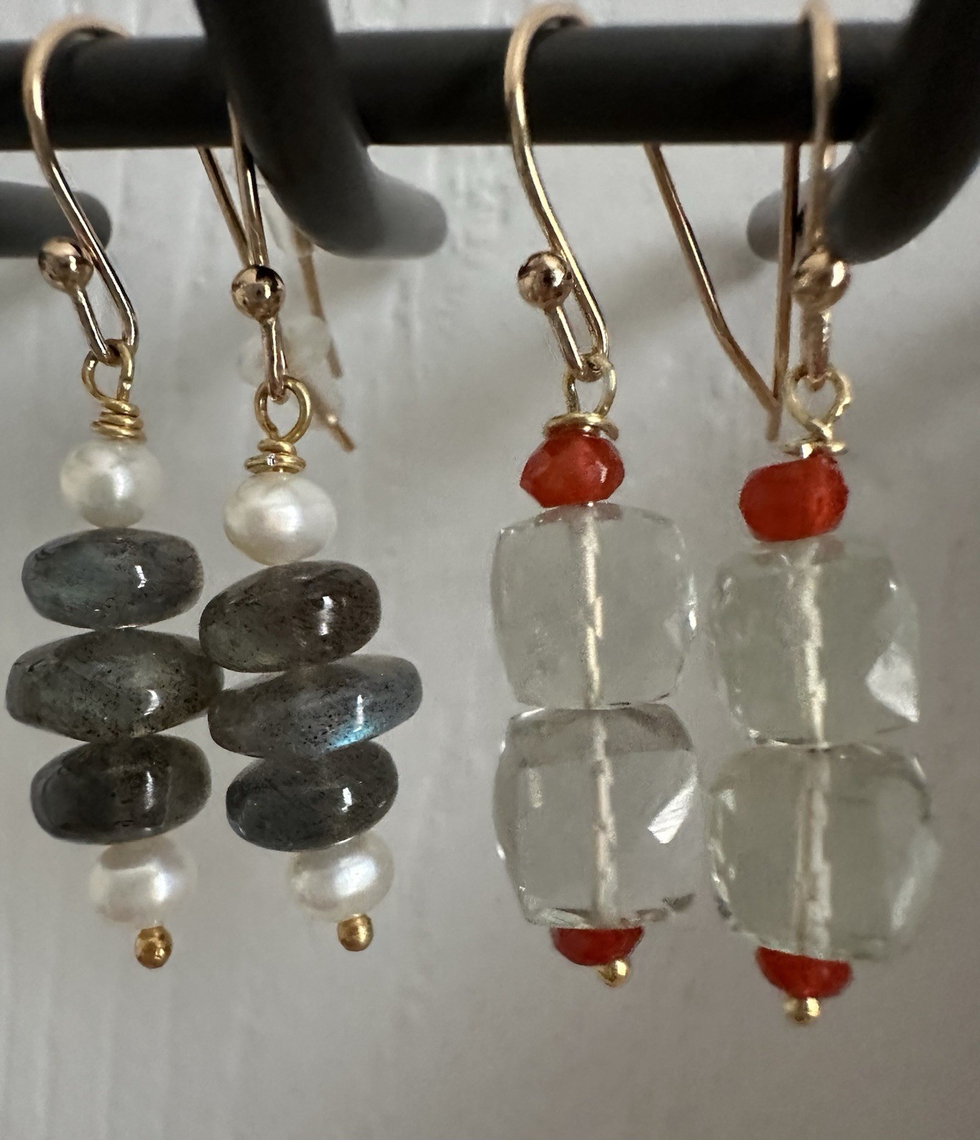 New Handmade 925 Sterling Silver Gold Plated Gray Labradorite & Pearl Earrings