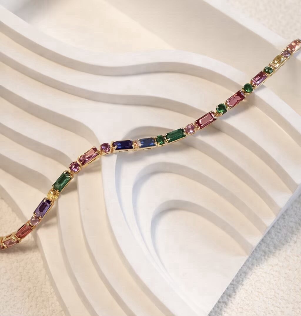 Rainbow Baguette Bracelet,Colorful CZ Bracelet,Birthday Gift for Her, BR036