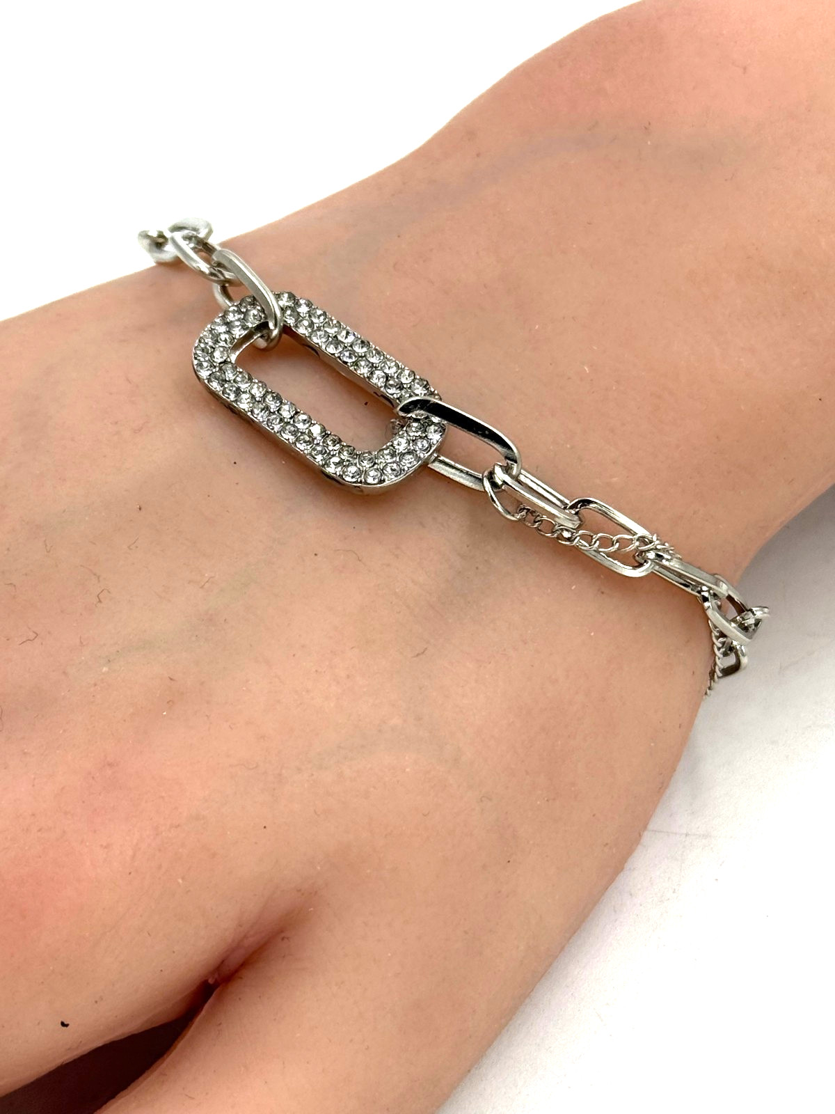 Rhinestone Paper Clip Chain Bracelet White Gold