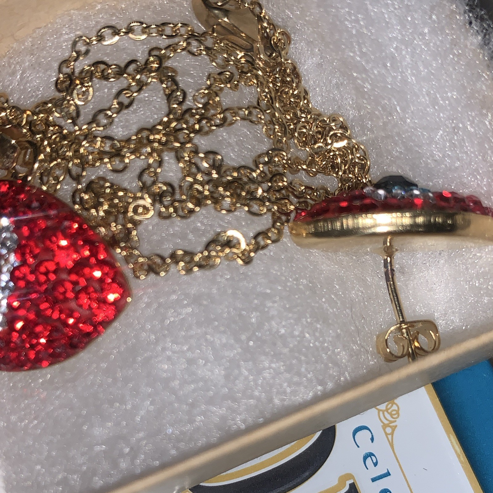 Evil Eye Crystal Jewelry Set Gold Tone Red/Blue Pendant Necklace & Earrings