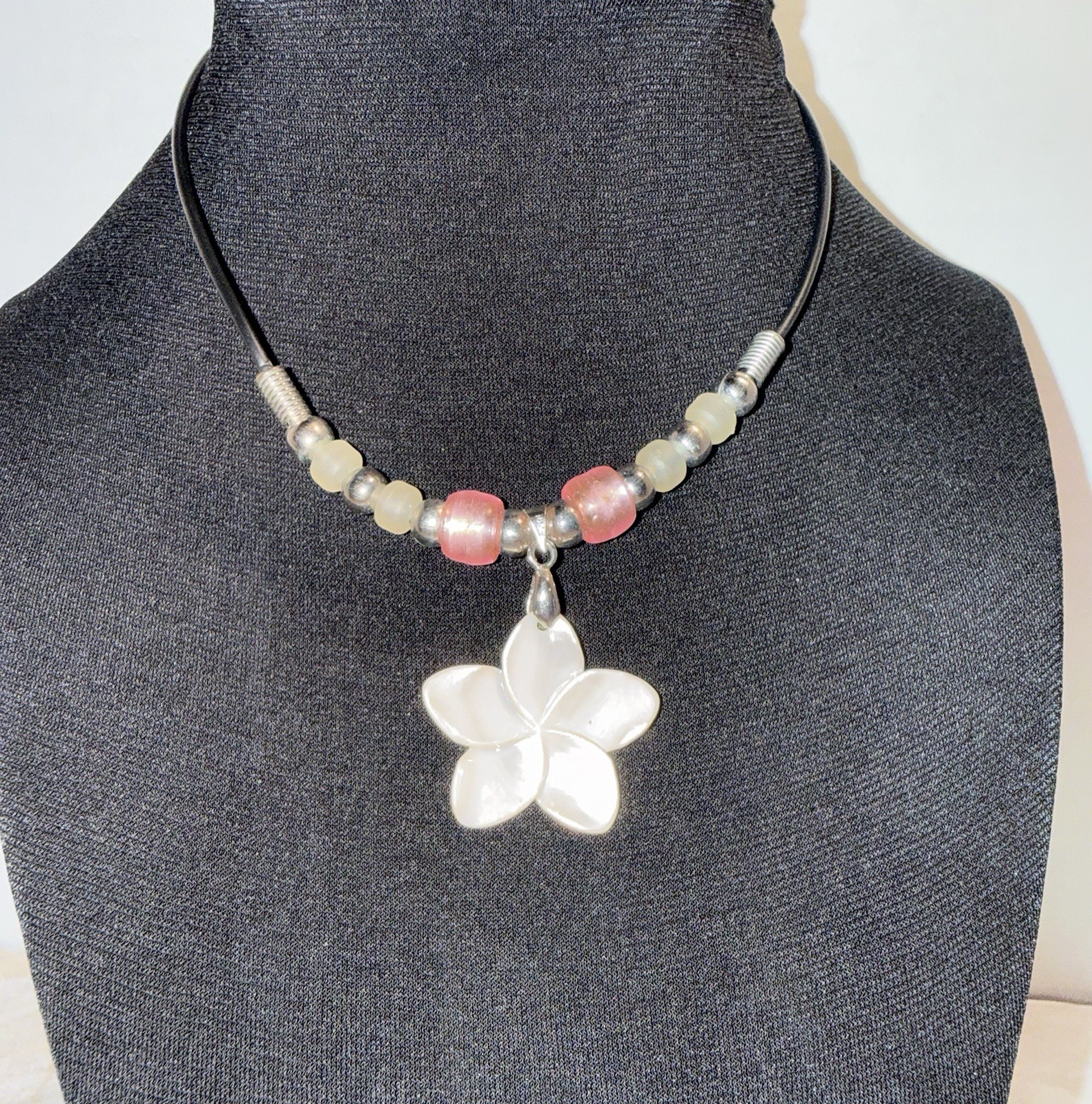 Hawaiian Shell Mother Of Pearl Necklace 18kt GP Black Leather Cord VTG