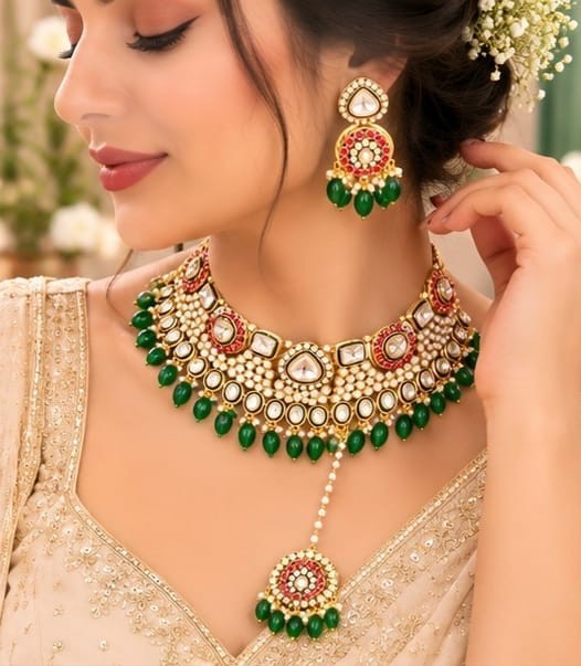 Traditional Kundan Pearl Choker Set Green Beads Earring With Tika for Women