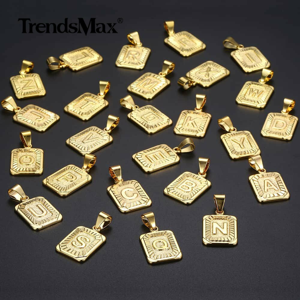 14K Gold Plated Rectangle Letter A-Z Pendant Necklaces (Curb/Box Chains+Charm)