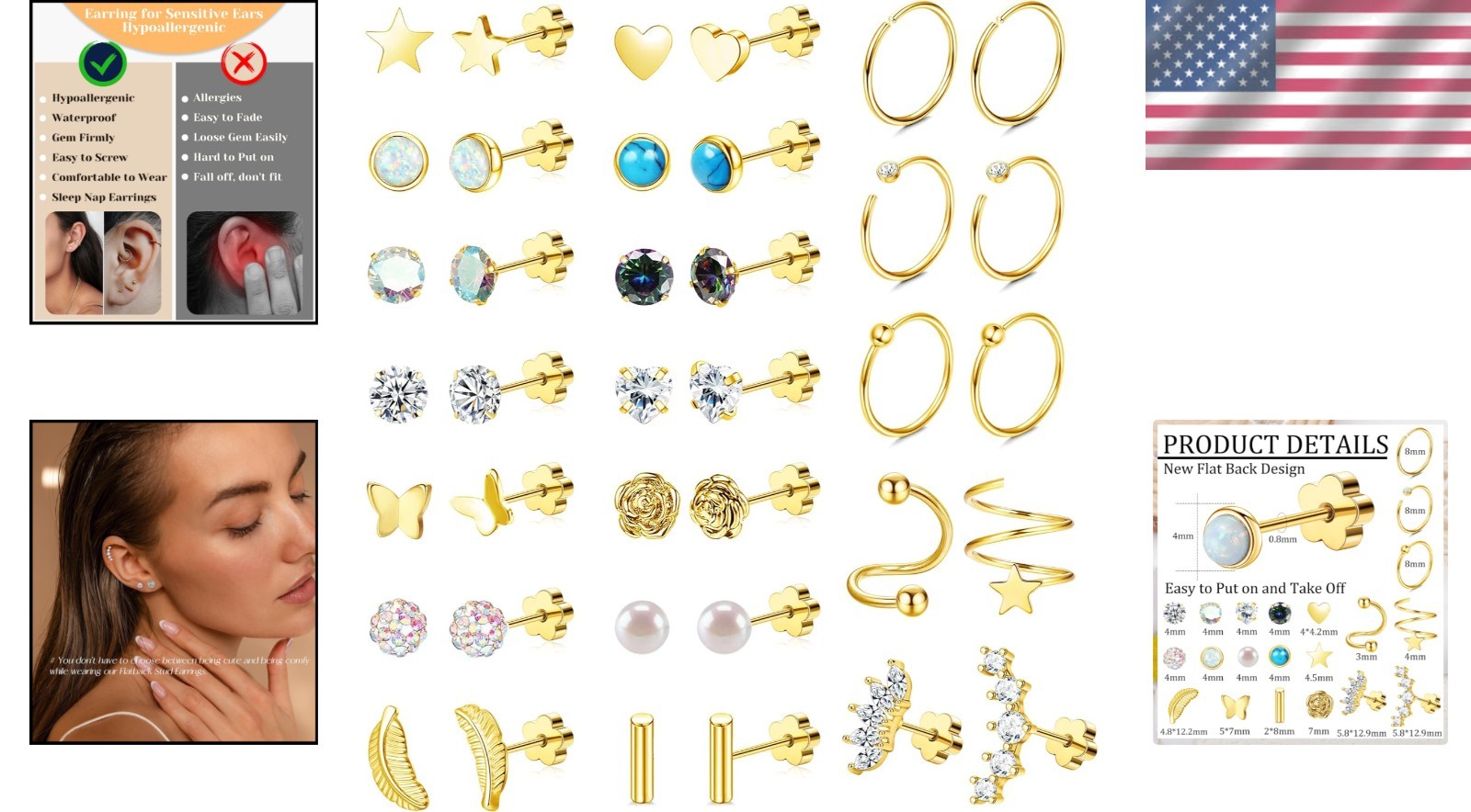 21 Pairs Surgical Steel Earrings Collection