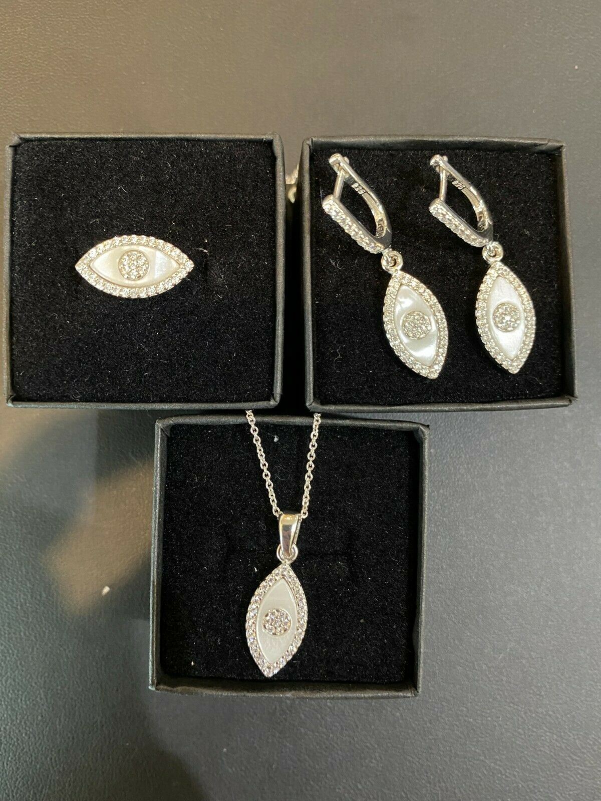 Real 925 Silver Iced Lucky Evil Eye Pearl Ring Necklace Earring Ladies Girls Set