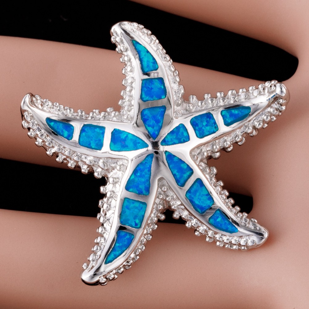 Vivid Starfish Ocean Blue Fire Opal Silver Jewelry Necklace Pendant