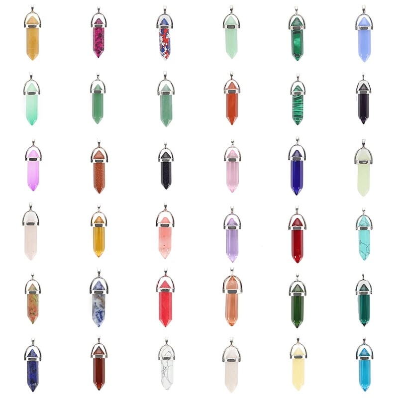 Wholesale 30pcs Natural Mixed Stone Pendants Hexagonal Pillar Pendulum Necklaces