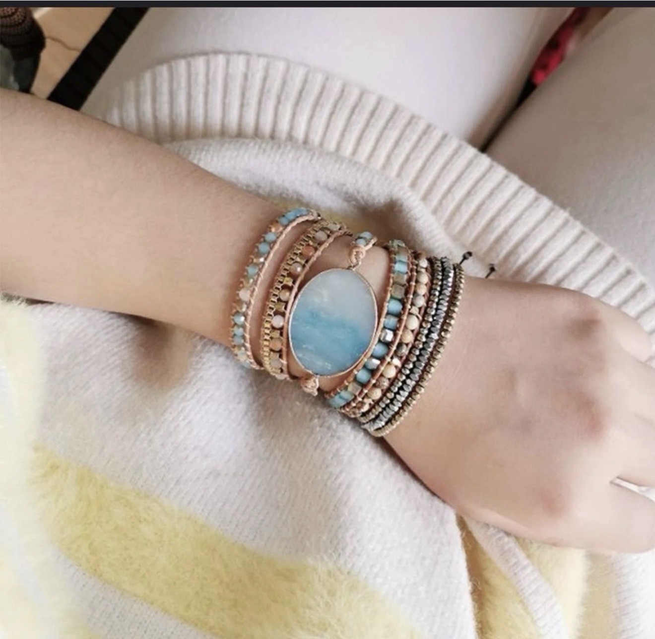 Plumiss Amazonite Natural Gemstone Crystal Leather Beaded Boho Wrap Bracelet