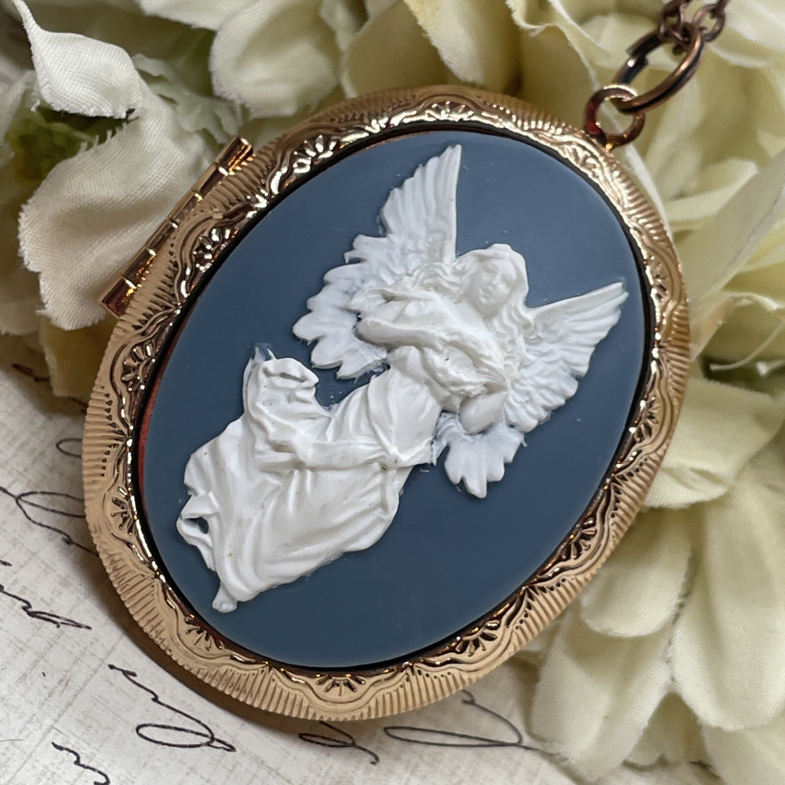 Blue White Angel Wedding Anniversary Birthday Rose Gold gift Bridal Photo Locket