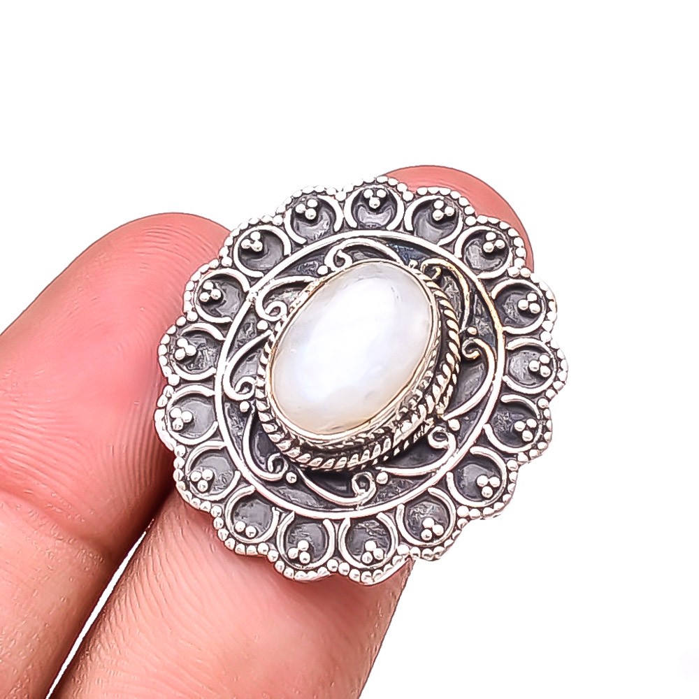Moonstone – Sri Lanka Handmade Oxidised 925 Sterling Silver Ring S.10 R58825