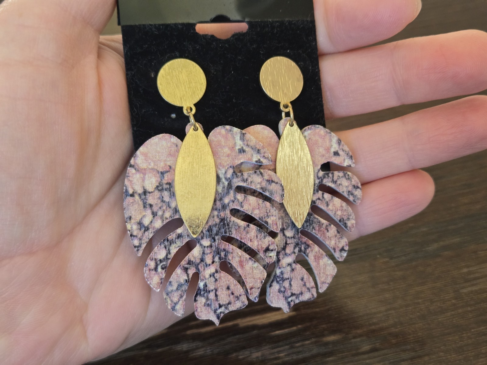 NEW Monstera Leaf Dangle Drop Earrings Gold Accents Pink Gray Laser Cut Wood