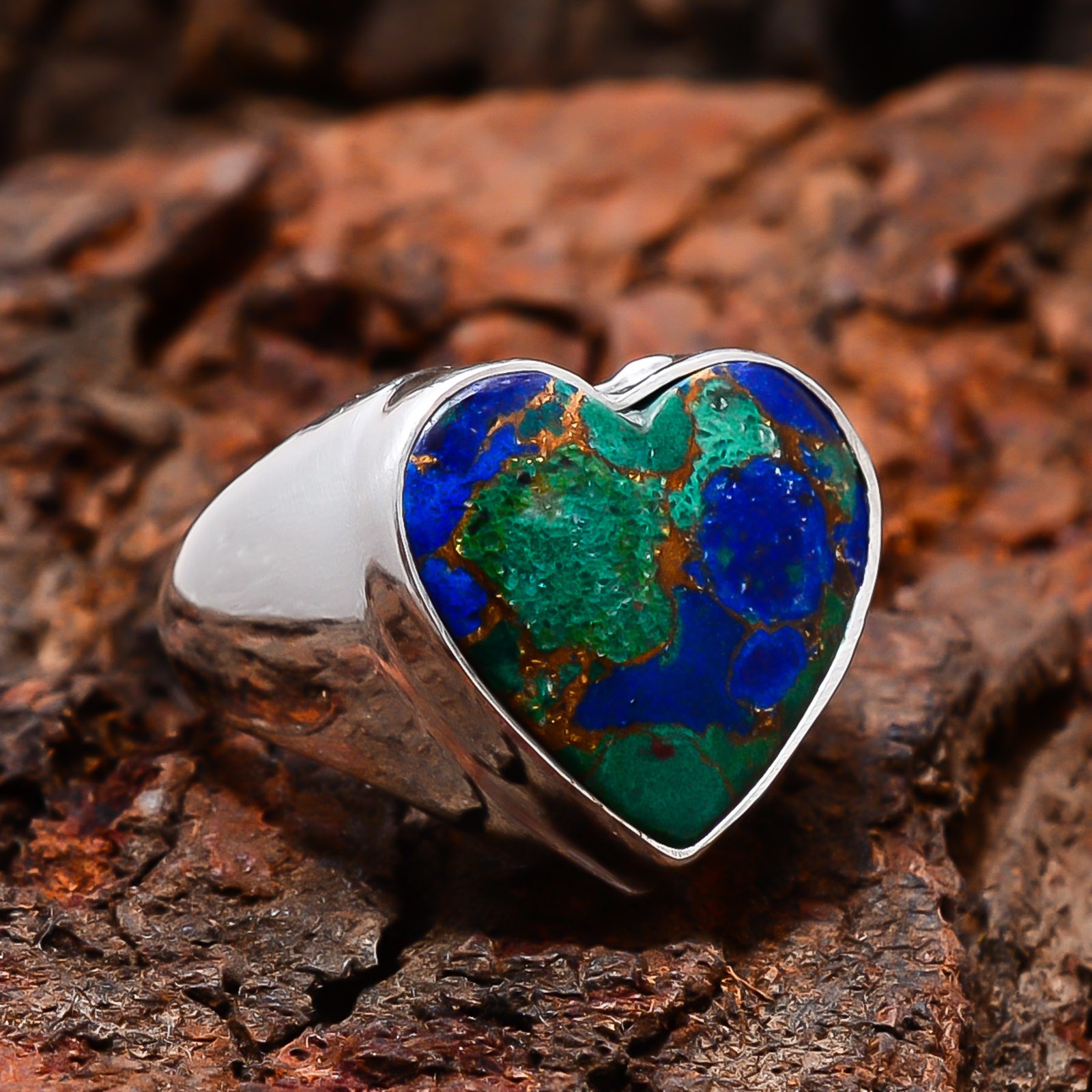 Heart – Copper Azurite Chrysocolla Handmade 925 Sterling Silver Ring S.9 R12621