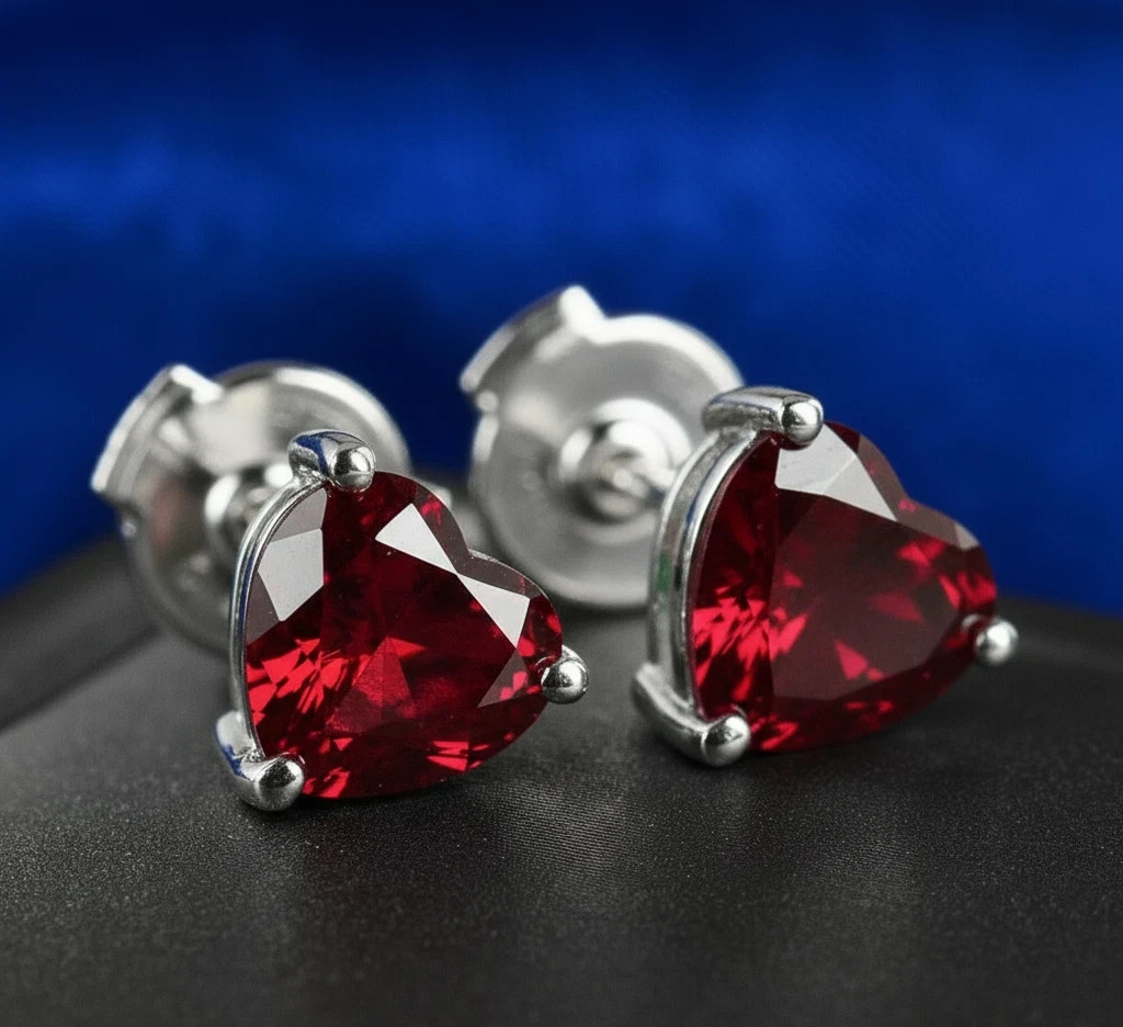 14K White Gold Plated 1.50Ct Simulated Heart Red Ruby Solitaire Stud Earrings