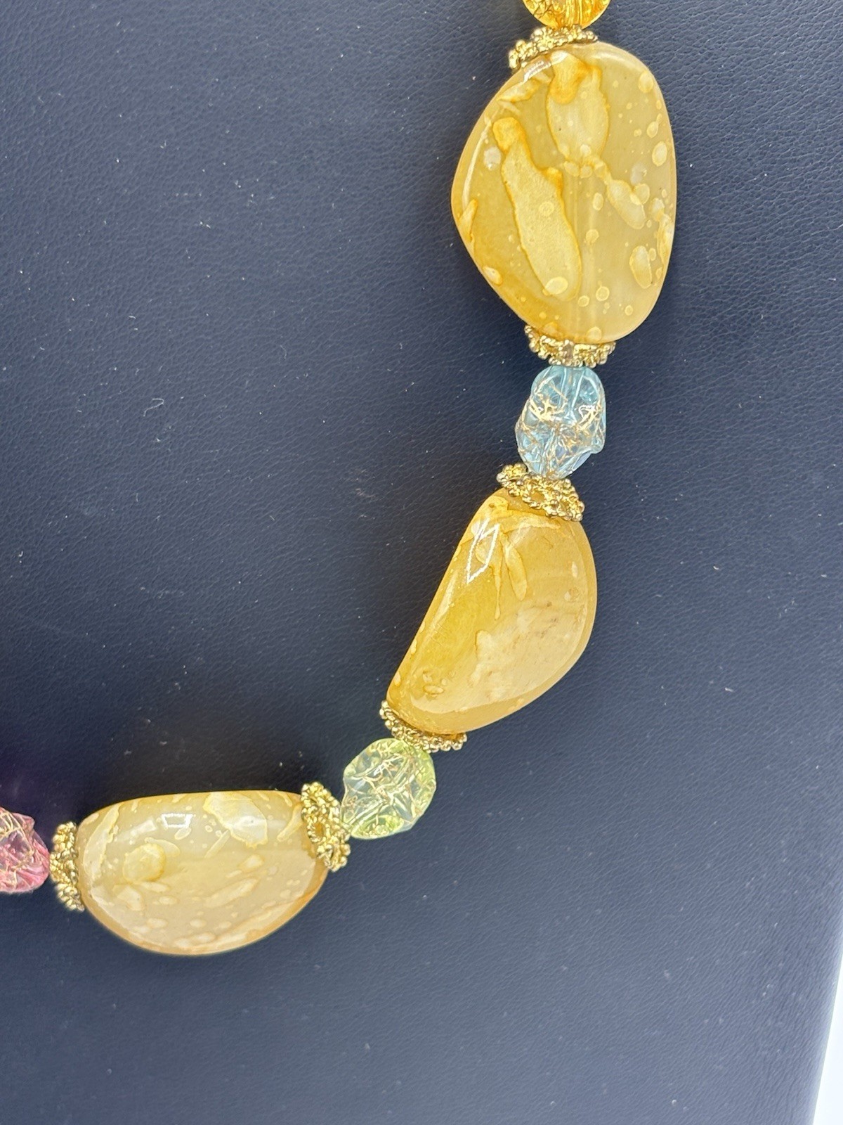 Yellow Acrylic Beaded Necklace Statement Chunky Fashion Jewelry Gold Tone