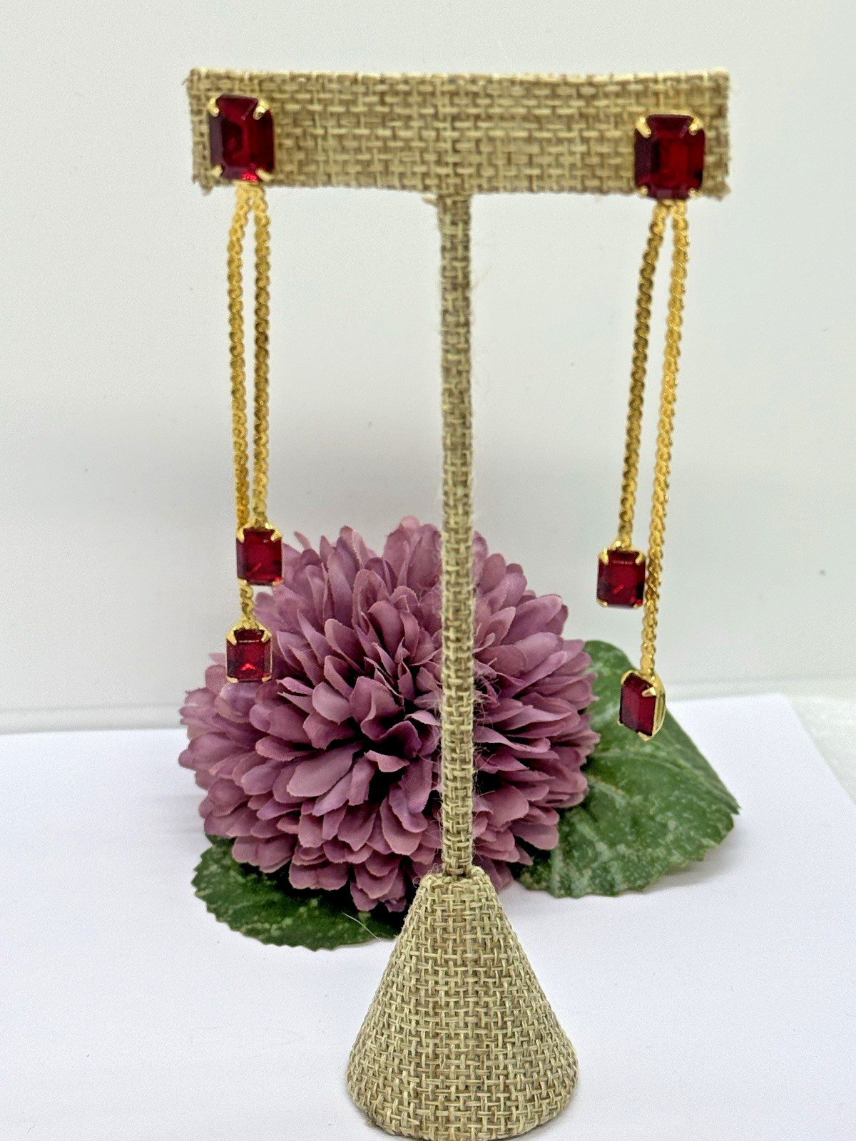 Red Rhinestone Dangle Earrings 3″ Gold Tone Formal or Casual Prom Party