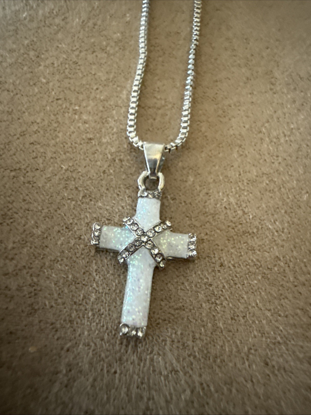 Silvery White Synthetic Opal Mosaic Cross Pendant Necklace
