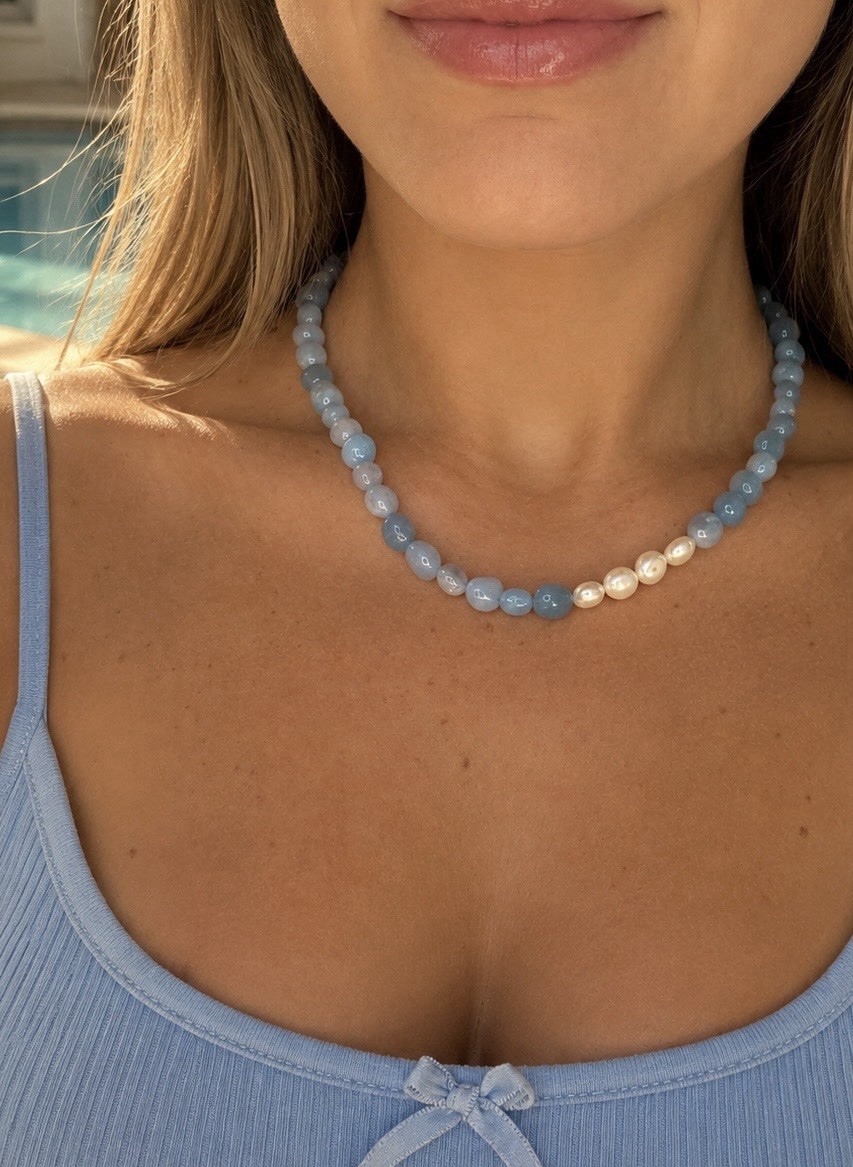 Blue White Beaded Choker Necklace Round White Pearl Accent Beads