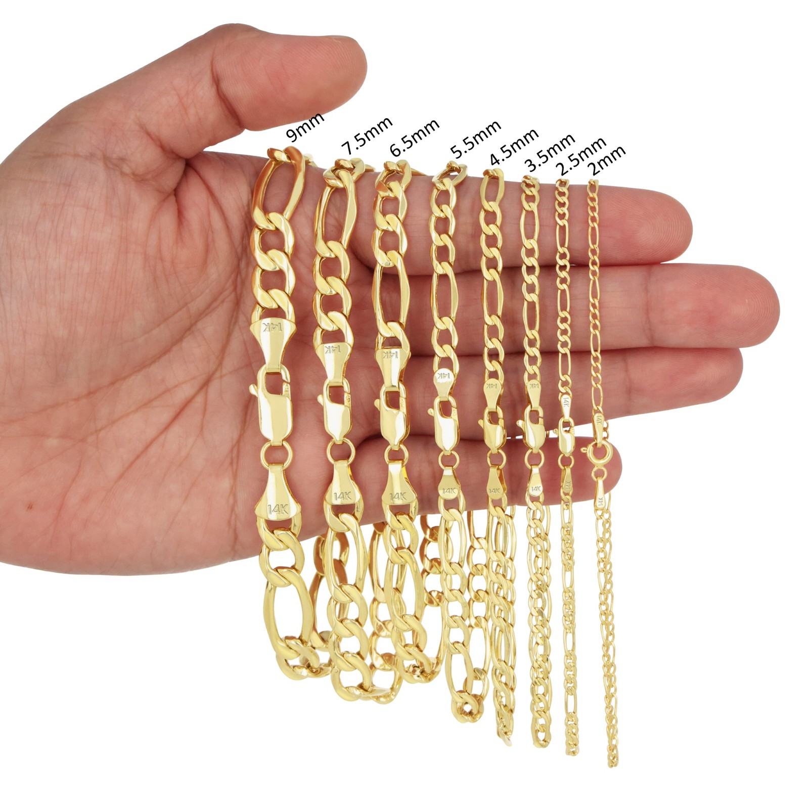 14K Yellow Gold 2mm-7.5mm Figaro Link Chain Necklace Bracelet Men Women 7″- 30″