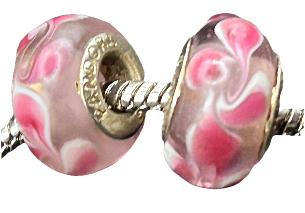 2 Pandora 925 Silver Pink Floral Petals Murano Glass Bead Charms Clear, White