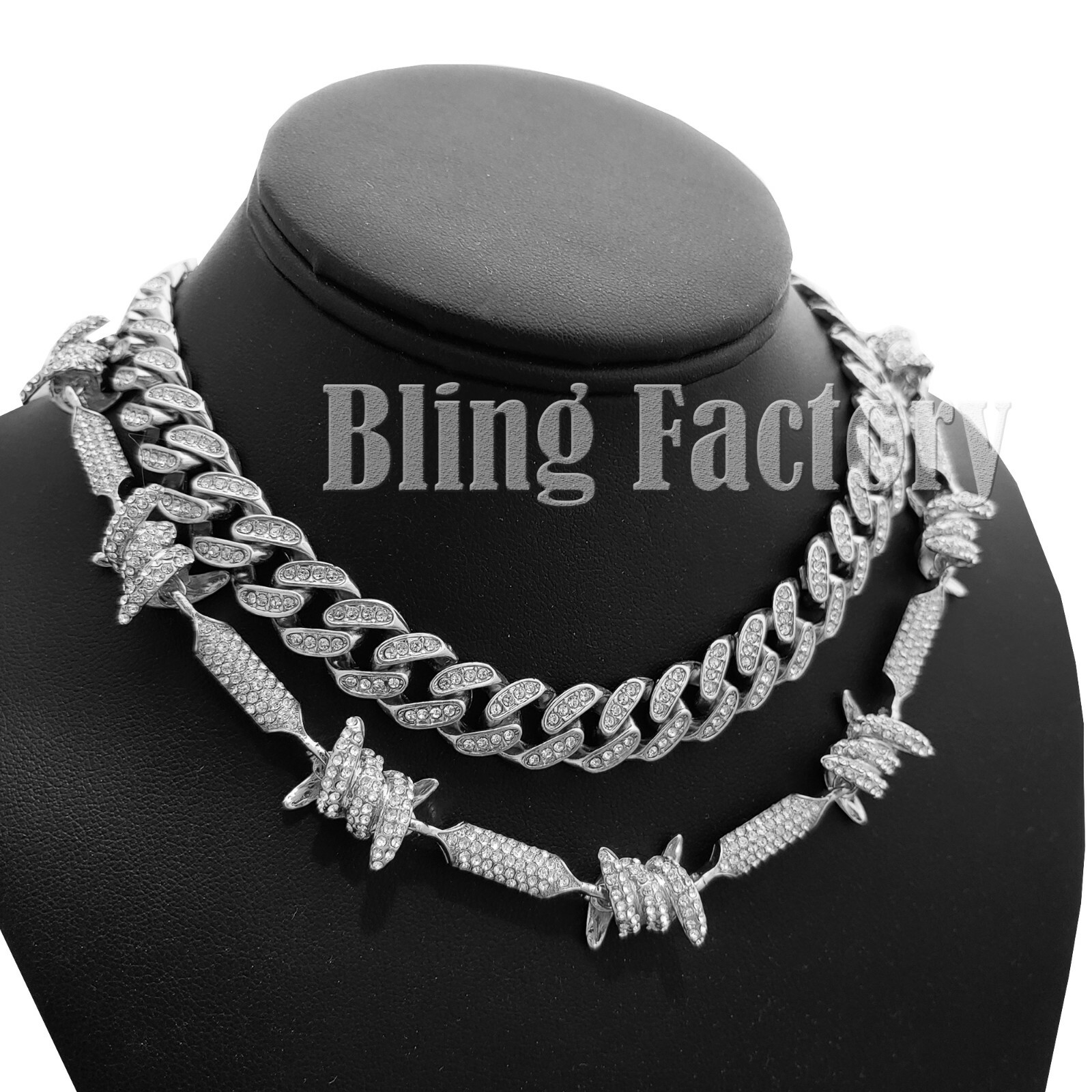 Hip Hop Silver PT Bling Full Iced 18″ Cuban & Barbed Wire Choker Chain Necklace