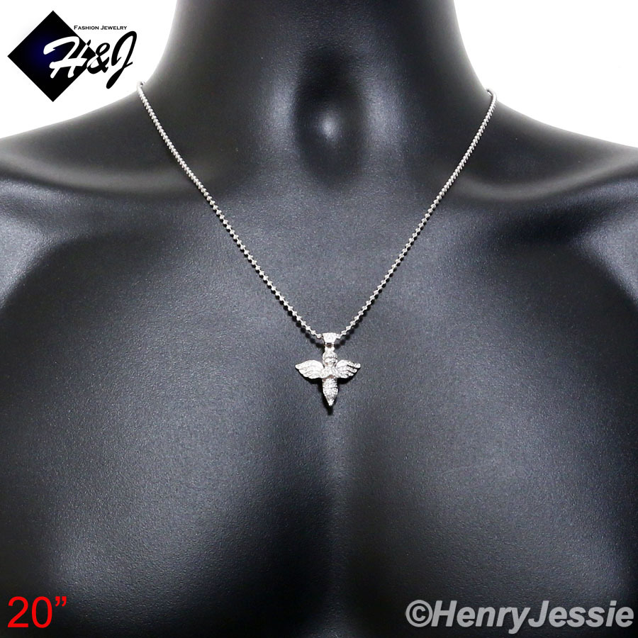 20″MEN 925 STERLING SILVER 2MM MOON CUT BEADED CHAIN CZ ANGEL WING PENDANT*SP106