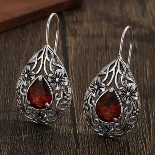 Beautiful Filigree Teardrop Garnet Silver Hook Earrings Great for Everyday Wear