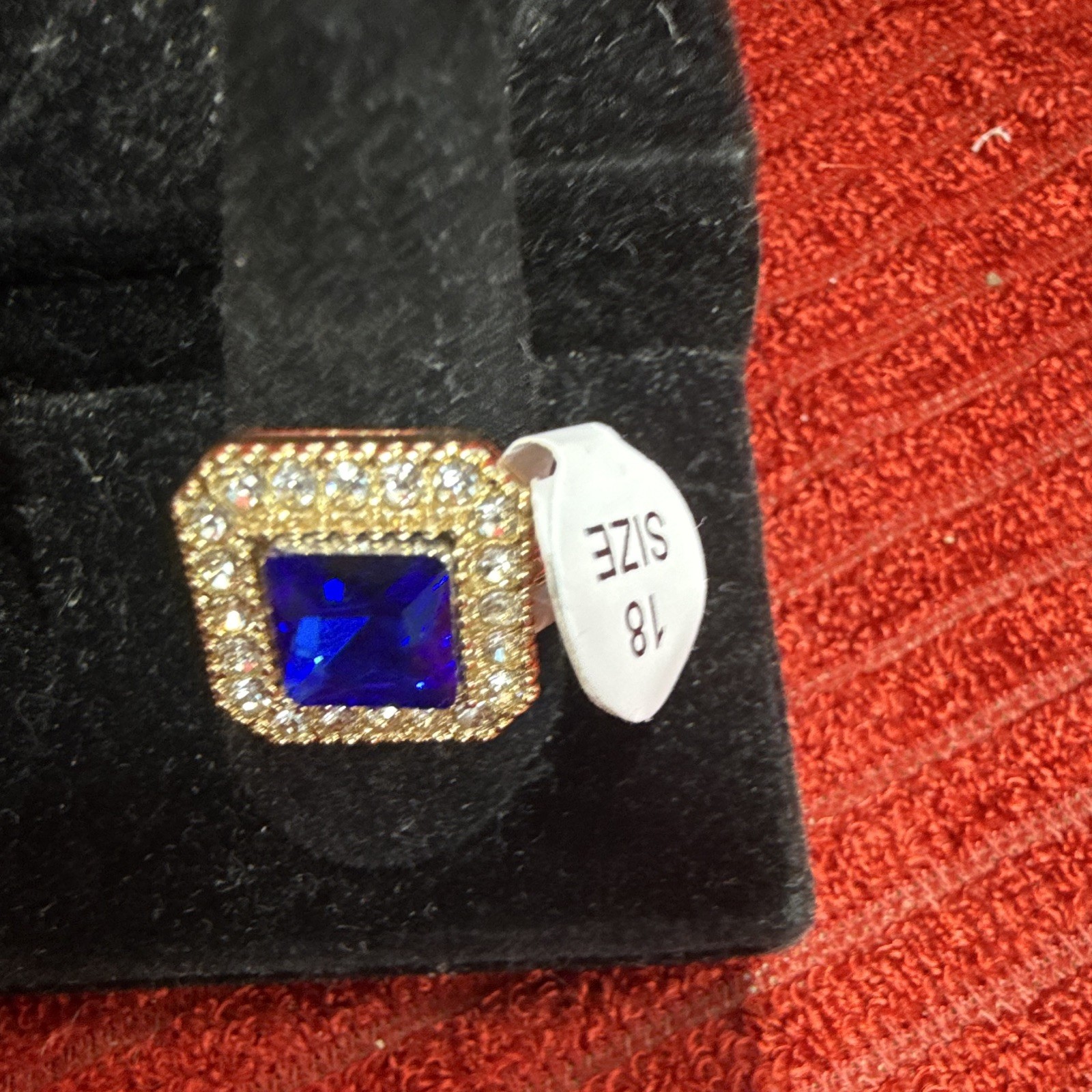 Square Blue Stone Halo Rhinestone Cocktail Ring Gold Tone Prong Set Size 9 US