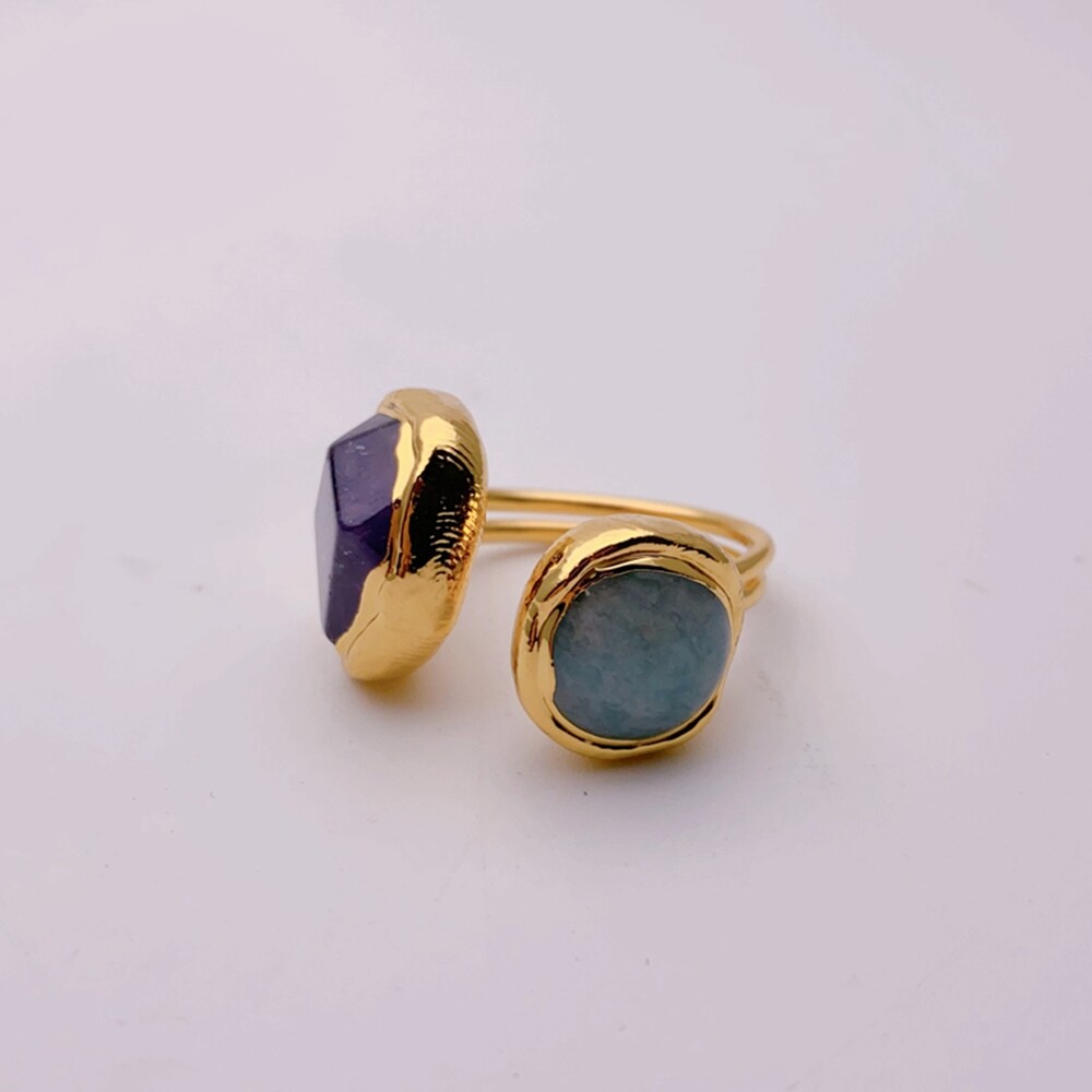 Y·YING Natural Gemstone Ring Green Amazonite Purple Amethyst Ring Handmade