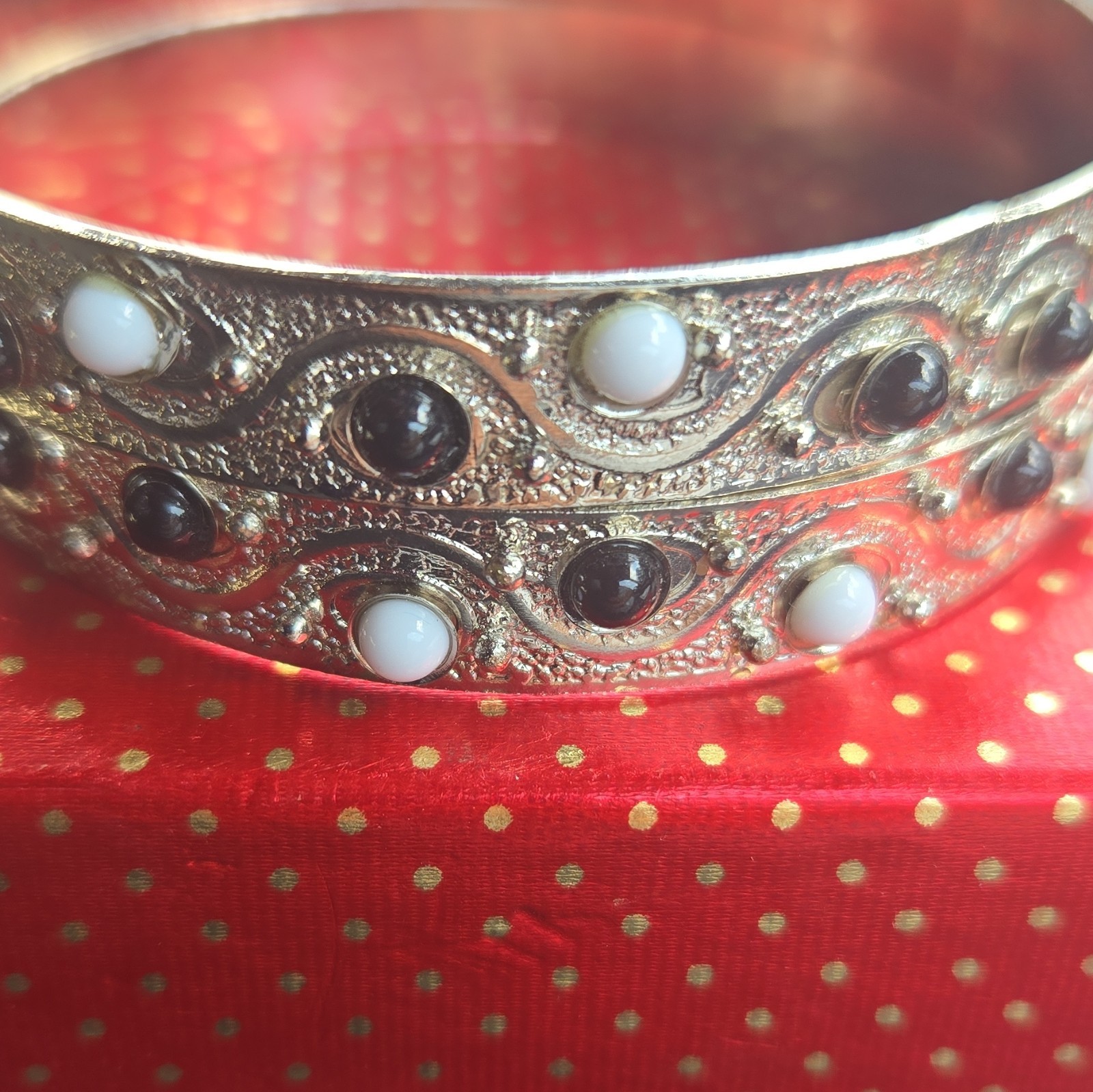 Pair Silver-Tone Metal Bangle Bracelets w/ Black & White Round Stones