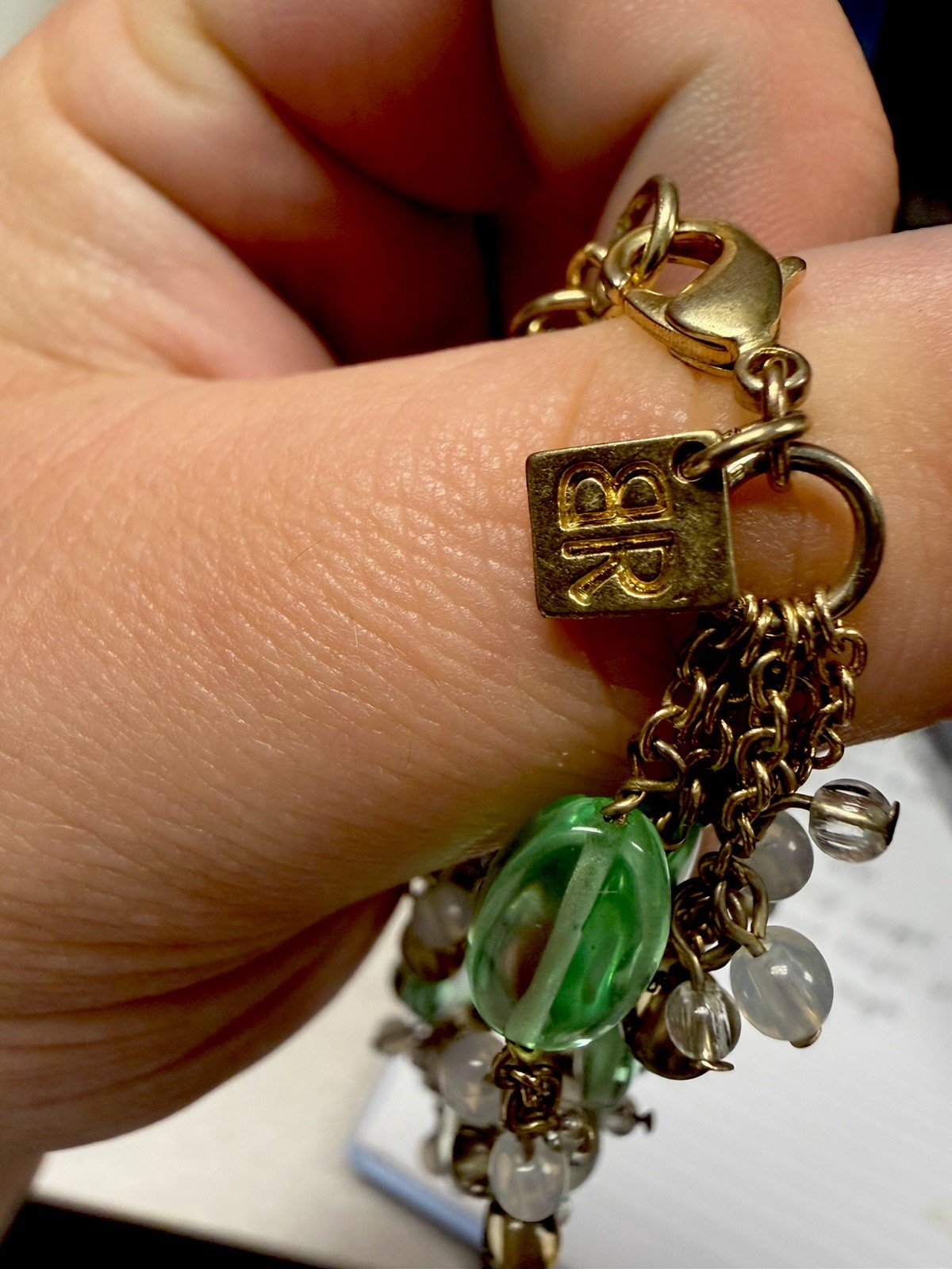 Vintage Banana Republic Gold Tone Chain Bracelet Green/Clear Beads Size 7
