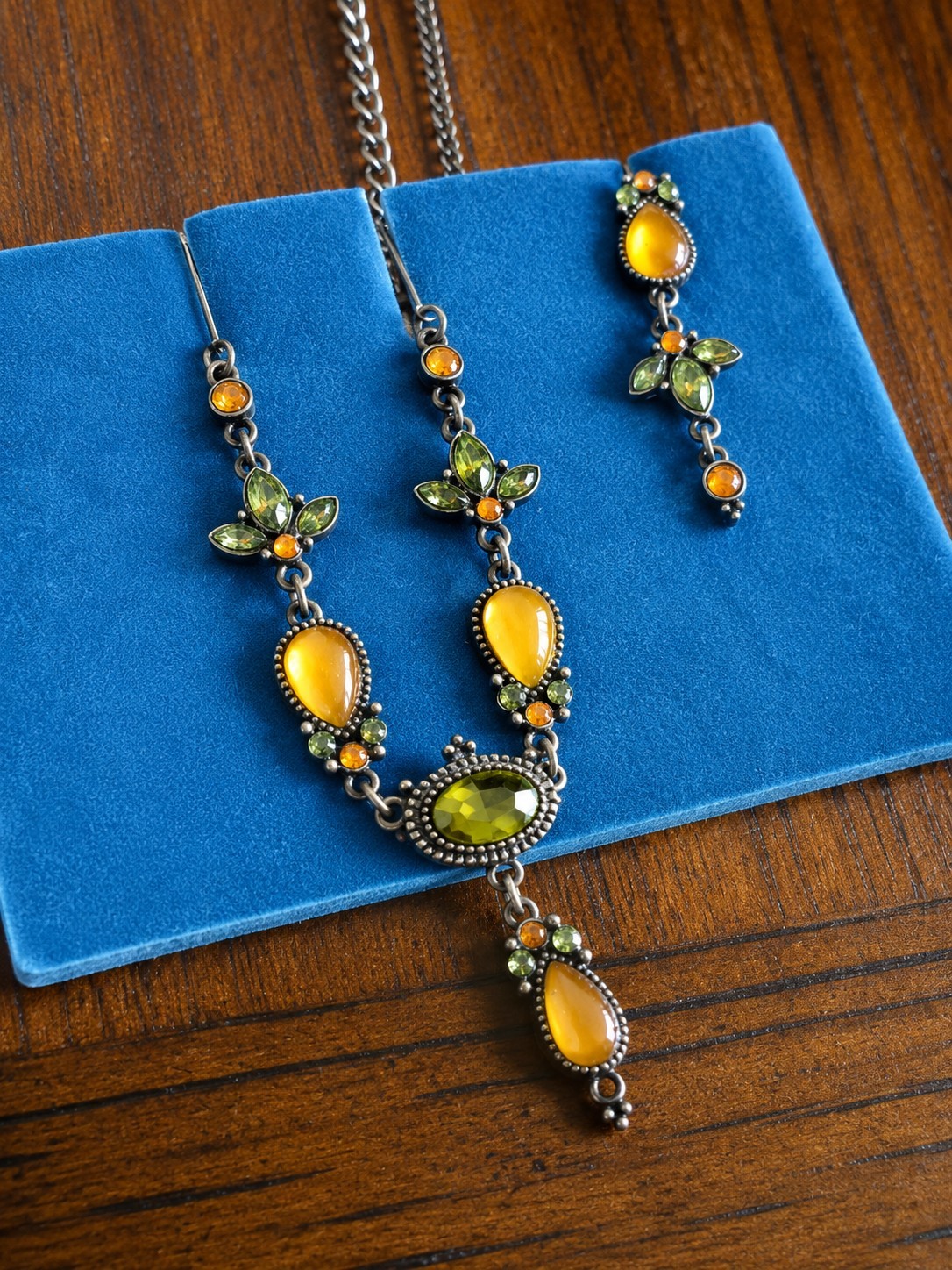 Vintage Necklace & Earrings Set Amber Green Rhinestone Gunmetal Tone Statement