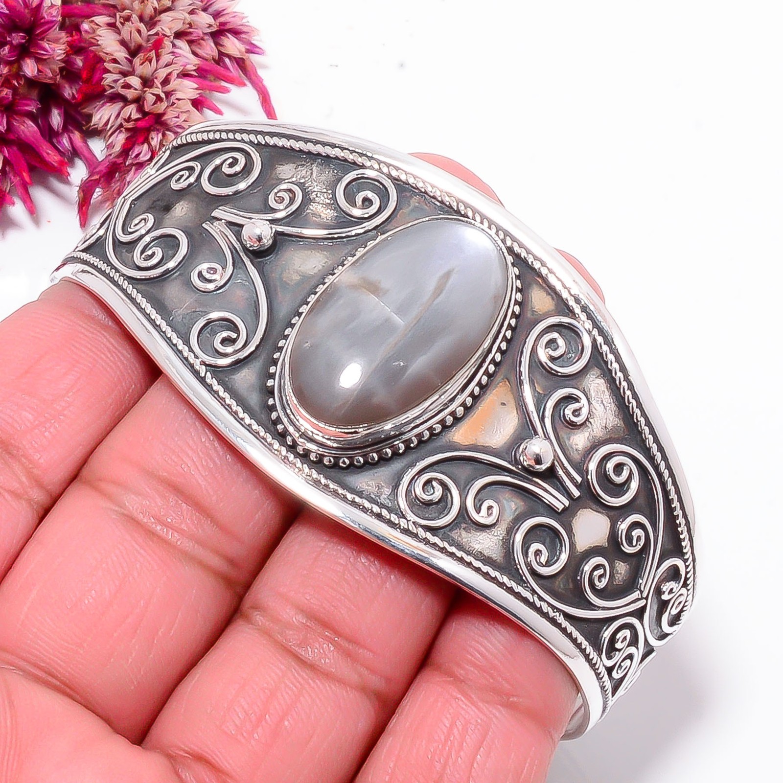 Gray Moonstone – Sri Lanka 925 Sterling Silver Bali Cuff|C968558736