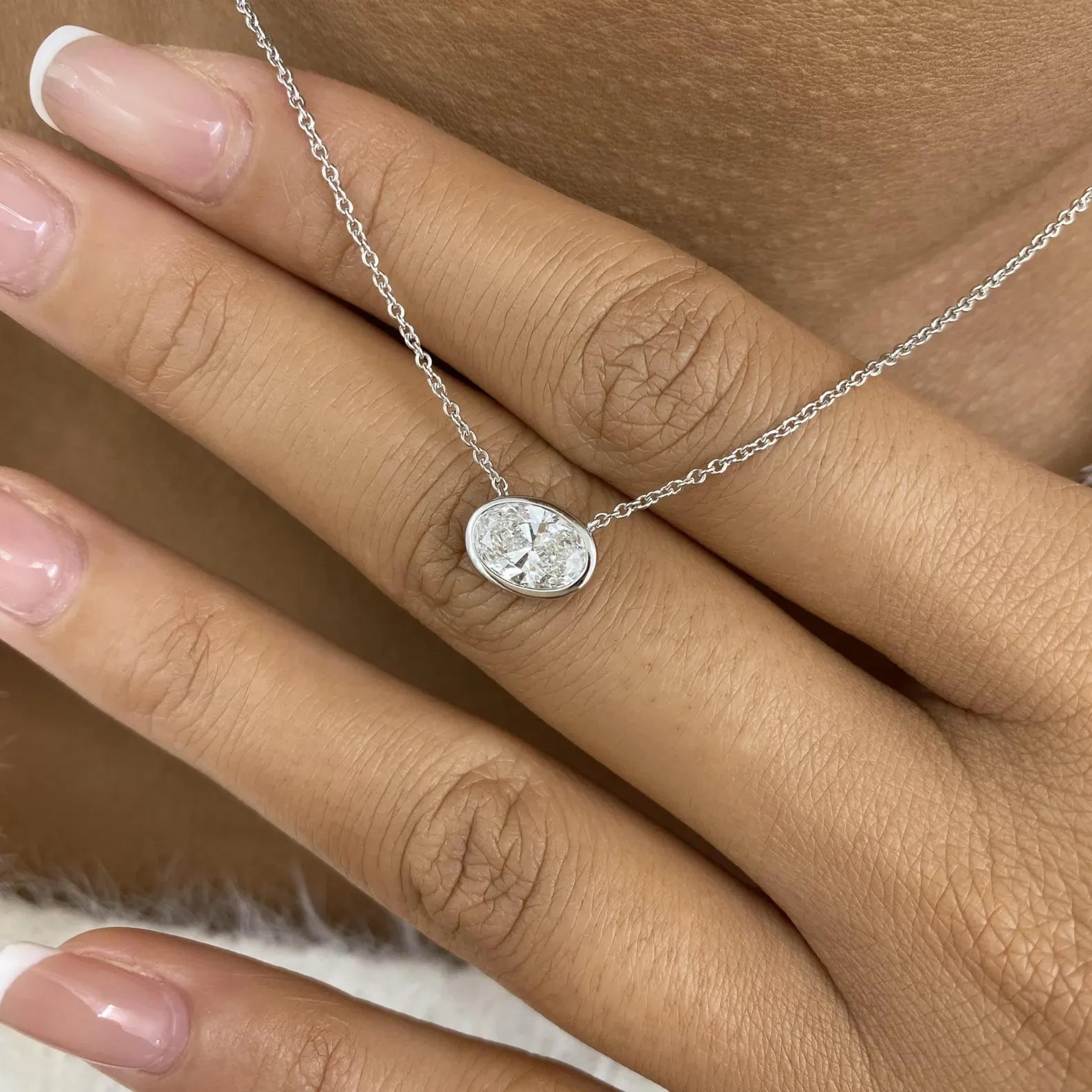 1.00 Ct Oval EF VS Lab Grown Diamond Bezel Solitaire Necklace in 14K White Gold