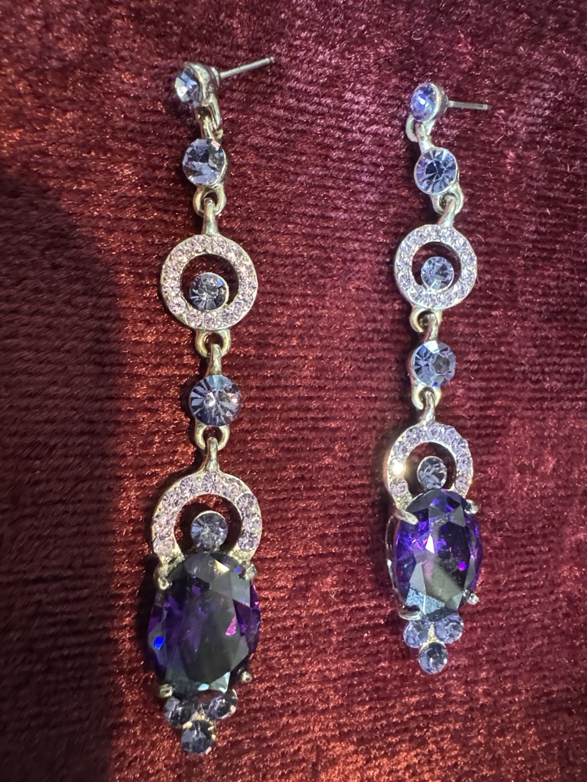 Silver Tone Purple Simulated Crystal Rhinestone Dangle Earrings 3in Butterfly