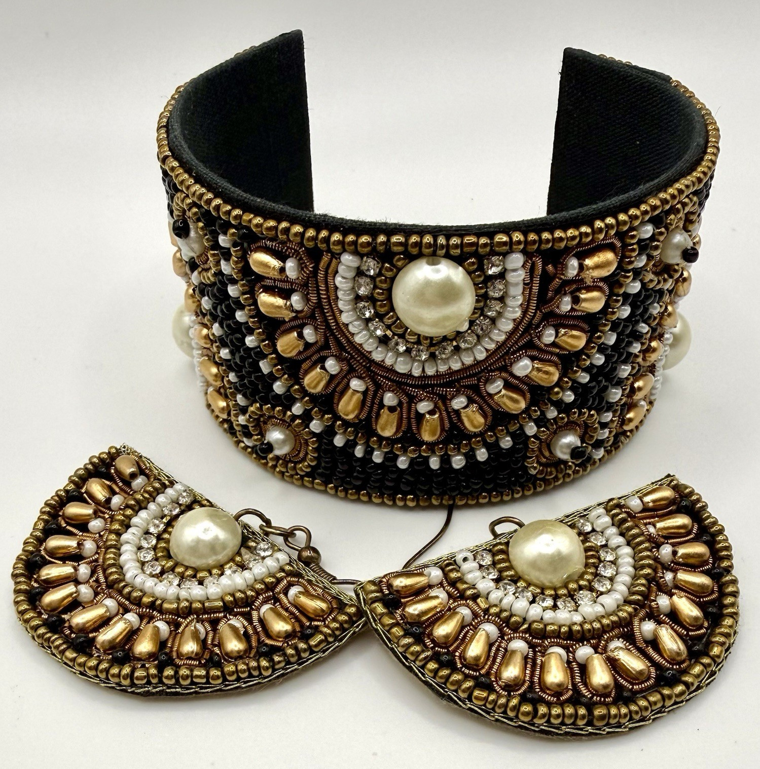 Boho Beaded Cuff Bracelet & Fan Earrings Set Faux Pearl Gold Black Statement
