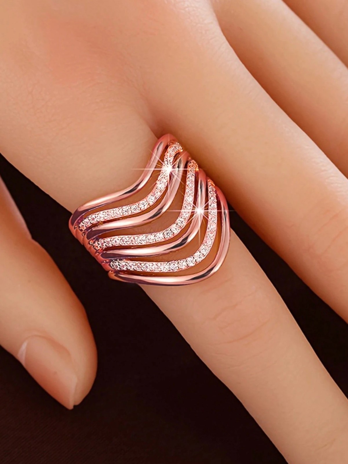 Elegant Cubic Zirconia Ring Wide Band Hollow Women’s Party Jewelry Gift for Her