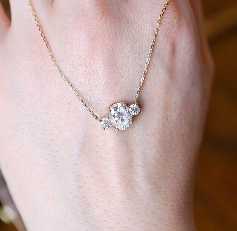 1.20Ct Oval Cut Simulated Diamond Three Stone Pendant In 14K Yellow Gold Plated