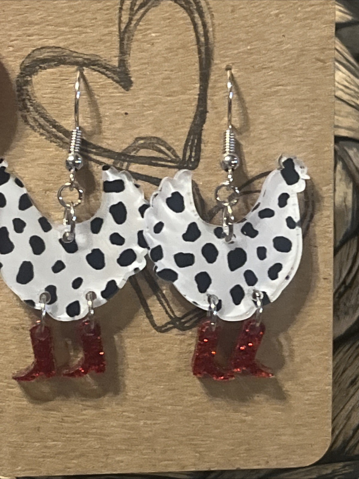 Black & White Chicken & Red Boots Earrings