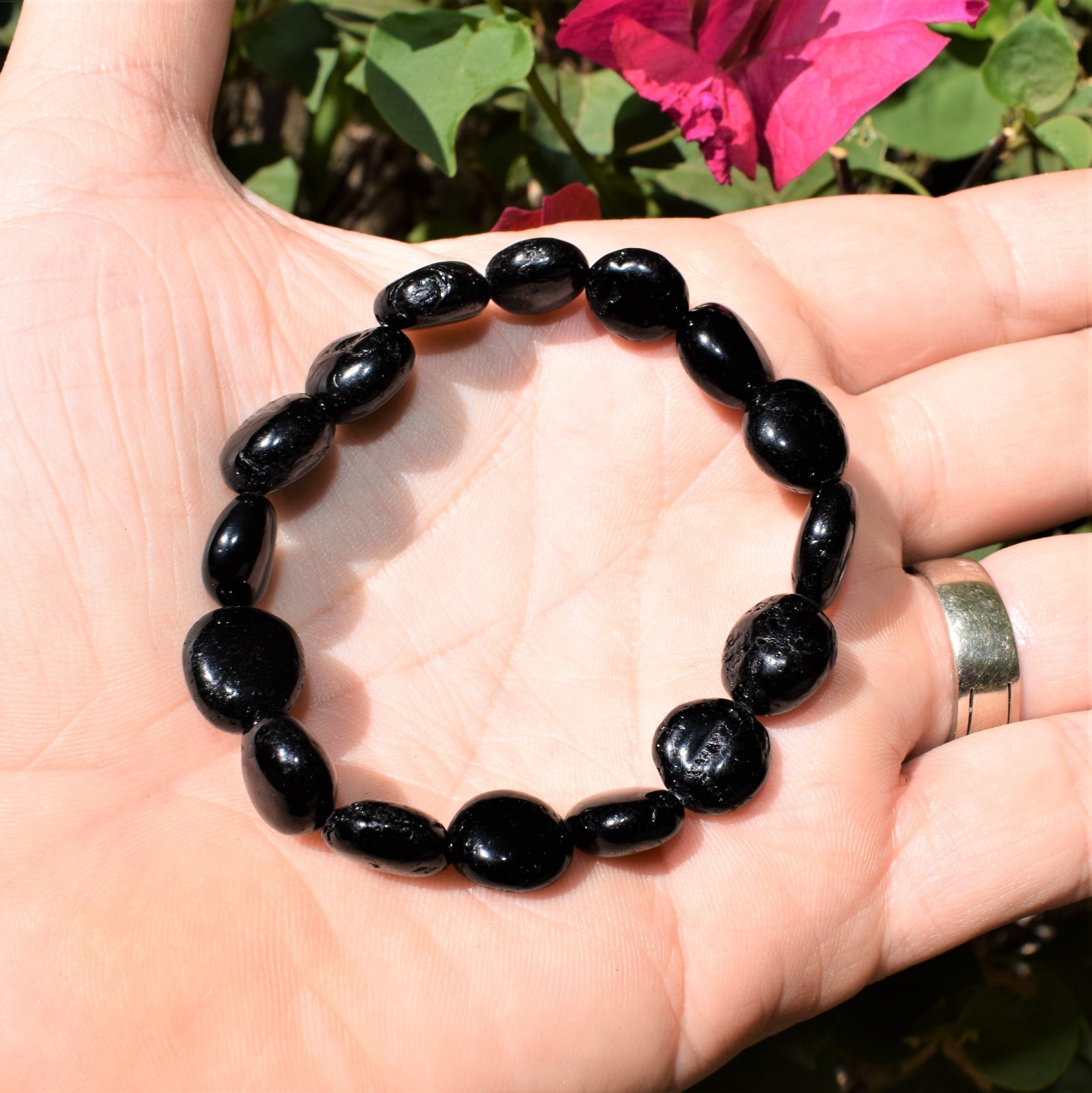 CHARGED 7″ Natural Black Tourmaline Crystal Stretchy Bracelet + Selenite Heart