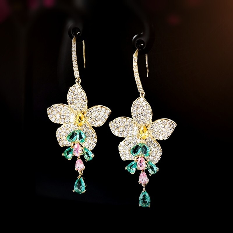 18K Gold Filled Simulated Crystal Sparkling Five Leaf Flower Teardrop Earrings