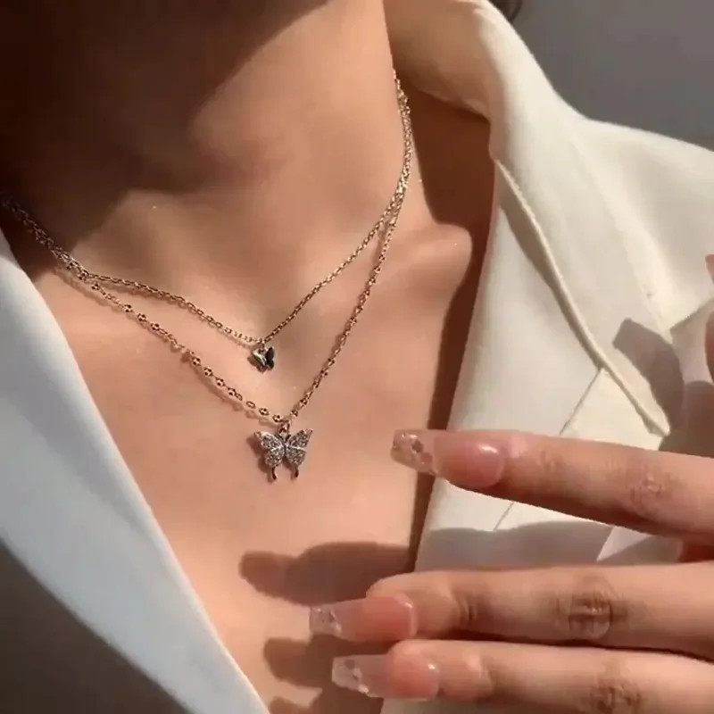 New Shiny Silver Colour Butterfly Necklace Ladies Exquisite Double Layer Clavicl