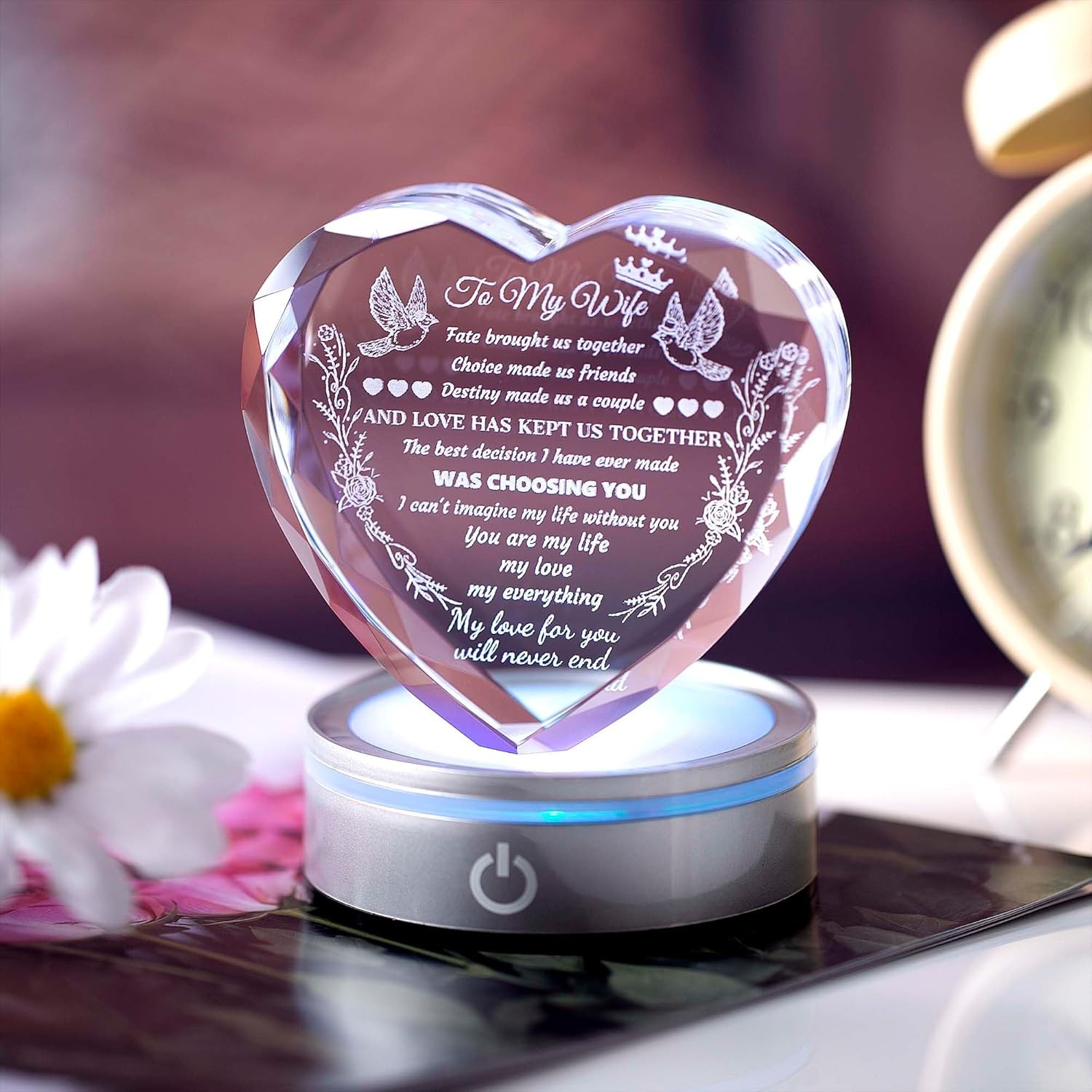 Gifts for Wife Crystal with Colorful LED Base, Anniversary Birthday Gifts for Wo