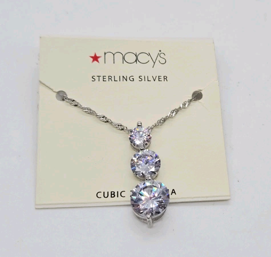Sterling Silver 925 Pendant Necklace 3 Round Cubic Zirconia Stone Drop CZ 17 in