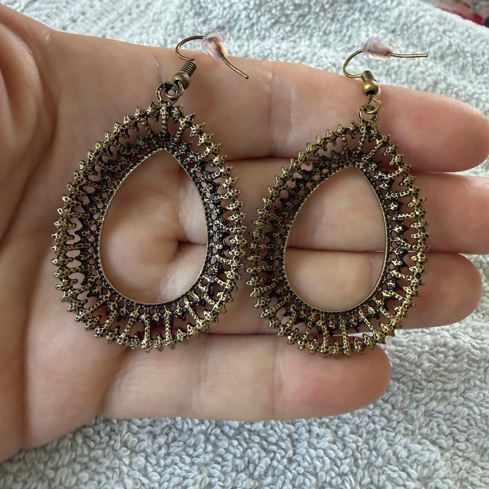 Bronze Teardrop Beaded Hoop Earrings Boho Gold Tone Textured Dangle Statement