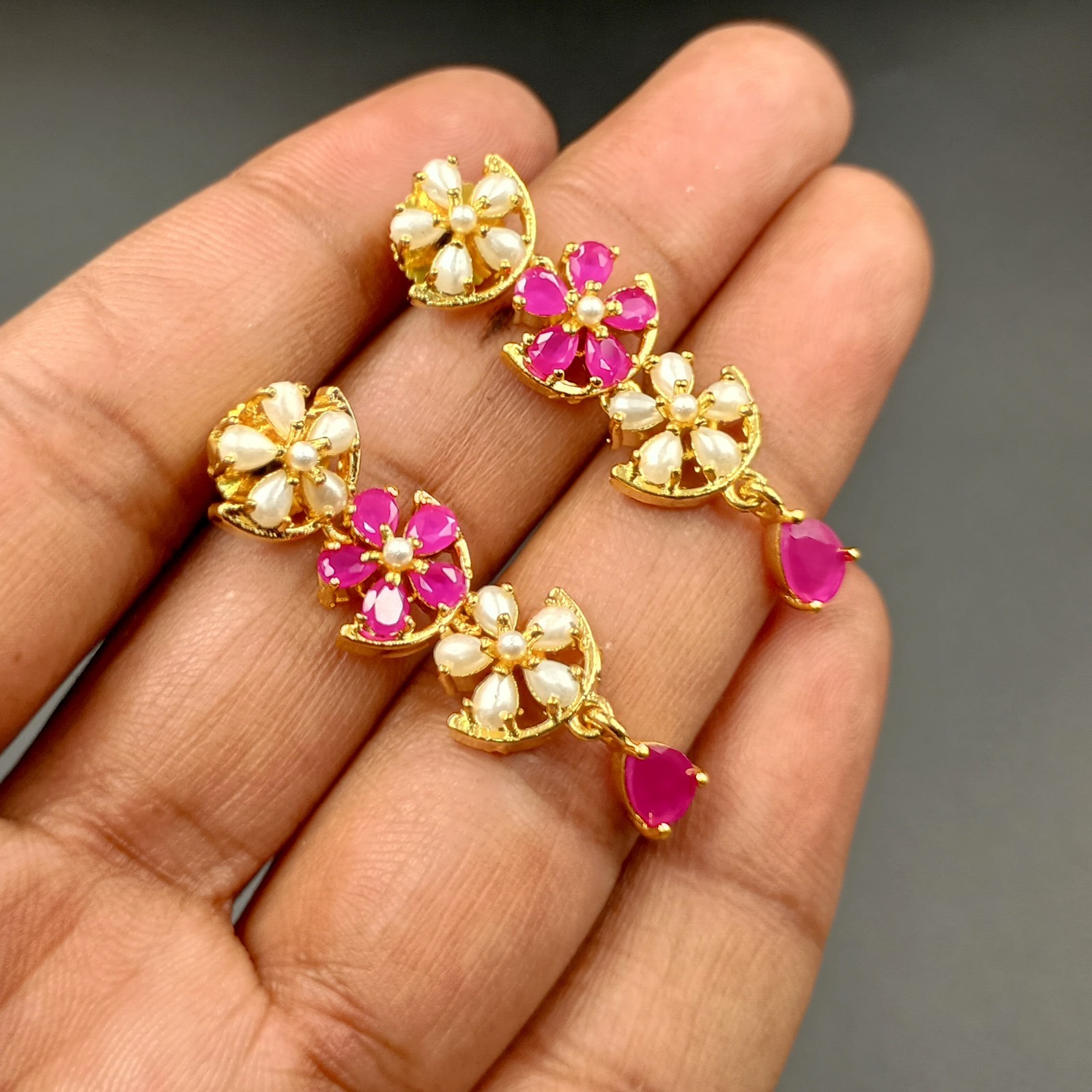 Traditional 22K Gold Plated Floral Ruby Pearl Necklace Set Statement Jewelry