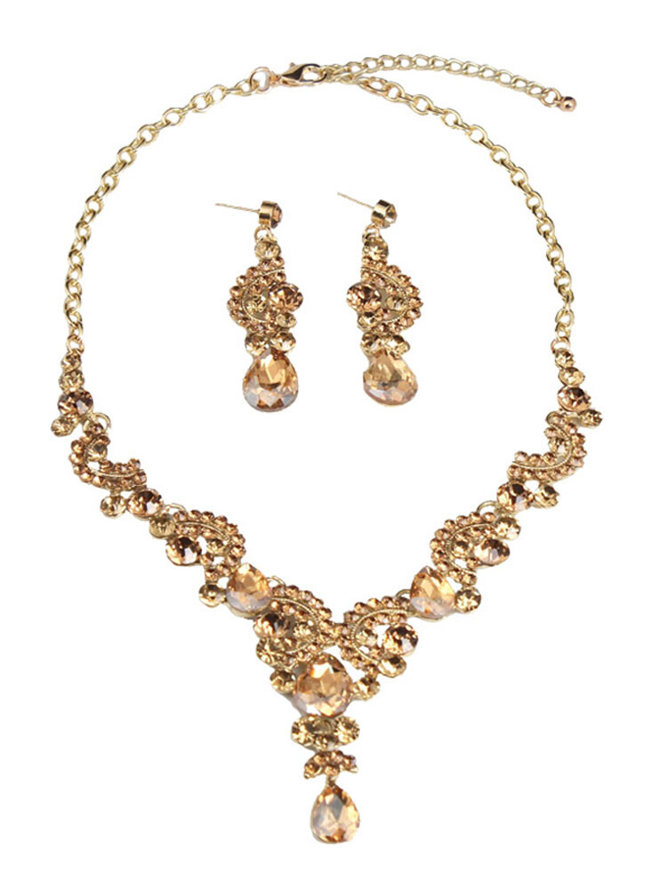 Wedding Bridal Crystal Necklace Earring Jewelry Set Women Evening Party Gifts