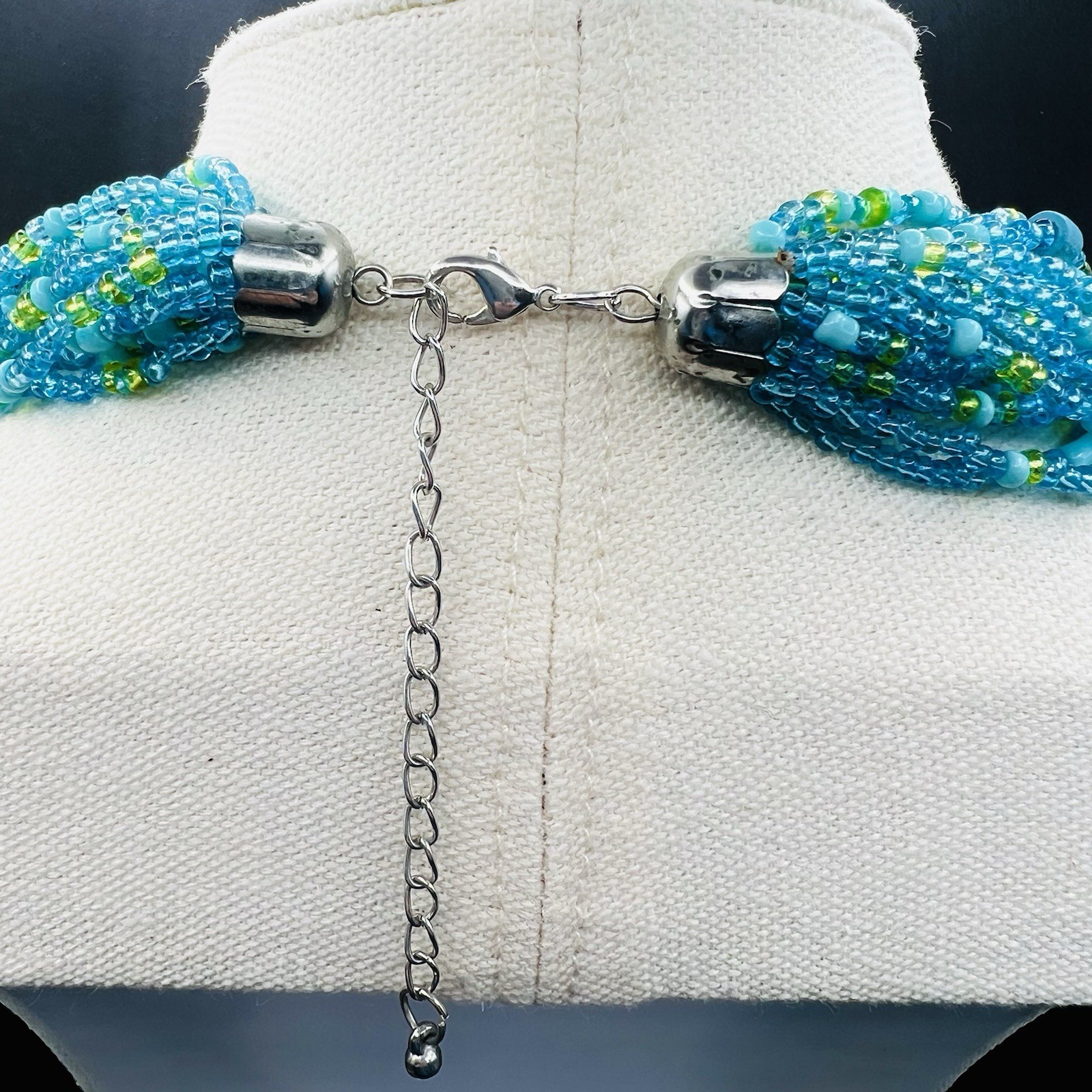 Aqua Lime Seed Bead Necklace Multi Strand Statement Bib Collar Beach Boho